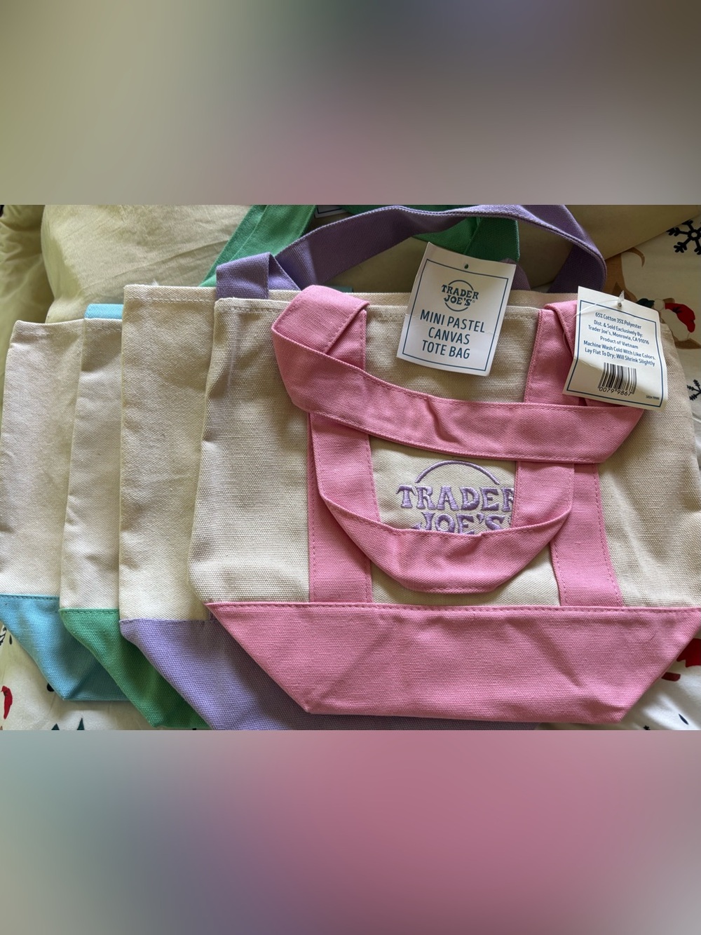 Set of 4 Trader Joe's Mini Pastel Canvas Tote Bags: pink, purple, blue, green